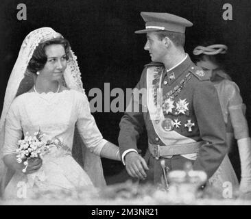 Die Hochzeit in Athen von Prinzessin Sophia von Griechenland, heute Königin Sofia von Spanien (geboren 1938), und Infante Juan Carlos von Spanien, heute König Juan Carlos I. von Spanien (geboren 1938) am 14. Mai 1962. Datum: 1962 Stockfoto