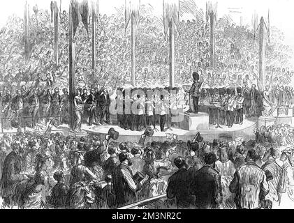 Das Musikfestival in Boston: Die Band der Grenadierwachen, die "Star Spangled Banner" spielen. Datum: 1872 Stockfoto