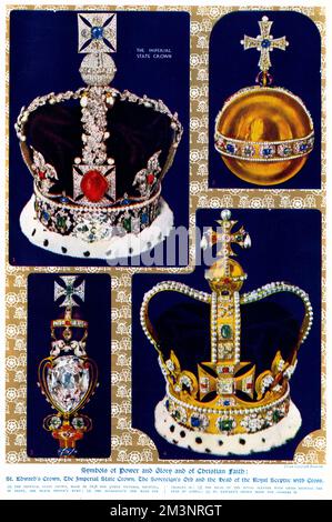 Symbole der Macht und des Ruhmes und des christlichen Glaubens. S. Edwards Crown, die Imperial State Crown, der Sovereigns Orb und der Kopf des Königlichen Zepters mit Kreuz. (1) die kaiserliche Staatskrone, die 1838 für Königin Victoria hergestellt wurde, zeigt aus den Schwarzen Prinzen Ruby (2) die Sovereigns-Kugel für Karl II (3) den Kopf des Königlichen Zepters mit Kreuz mit dem Stern von Afrika (4) St. Edwards Crown für Charles II Datum: 1953 Stockfoto