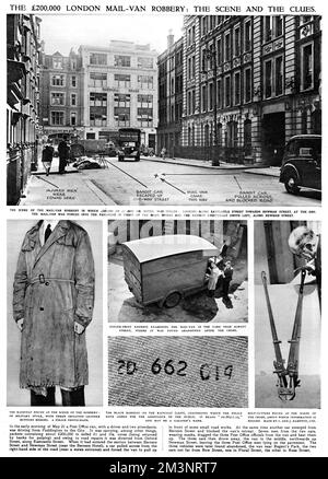 Eine Seite aus den illustrierten London News, die den Raubüberfall in der Eastcastle Street von 1952 beschreibt, als ein Postfilialbus entführt wurde und sein Inhalt, 200.000 in verschmutzten Scheinen, gestohlen wurde. Der Tatort, der gestohlene Postwagen, die Bolzenschneider und der Regenmantel, die am Tatort gefunden wurden, sind detailliert. Das Verbrechen wurde nie aufgeklärt, und das Geld wurde nie wiedergefunden. Datum: 1952 Stockfoto