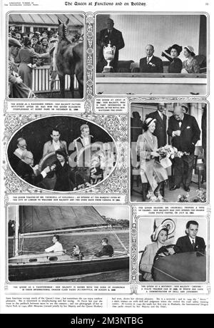 Seite aus der illustrierten London News Krönungsnummer, die Prinzessin Elizabeth zeigt, jetzt Königin Elizabeth II. Bei verschiedenen Veranstaltungen, wie Hurst Park, Ascot, wird von Winston Churchill beim Guildhall Bankett und bei der Eröffnung des Grange Farm Youth Centre angestoßen. Das untere Bild links zeigt sie mit dem Herzog von Edinburgh auf ihrer internationalen Drachenklasse-Yacht Bluebottle im Jahr 1949 und im unteren rechten Bild demonstriert Ihre Majestät ihre Fahrkünste. Datum: 1950er Stockfoto