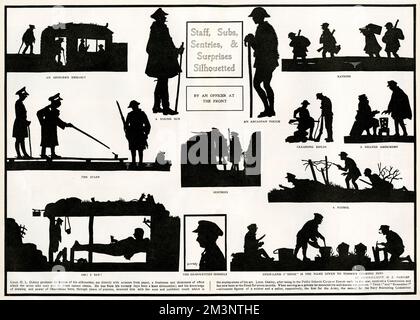 Silhouetten des Lebens in den Gräben: „Staff, Subs, Sentry &amp; Surprises“. Die Bilder wurden direkt mit einer Schere aus Papier geschnitten. 1916 Stockfoto