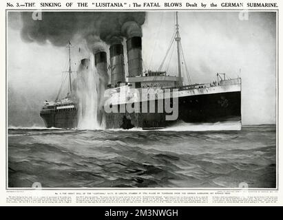 Während des Ersten Weltkriegs wurde das Britische Ozeanschiff "Lusitania" nach einem tödlichen Schlag versenkt, der durch den Angriff zweier Torpedos am 7. Mai 1915 von einem deutschen U-Boot verübt wurde, wobei 1198 Passagiere ums Leben kamen. 7. Mai 1915 Stockfoto