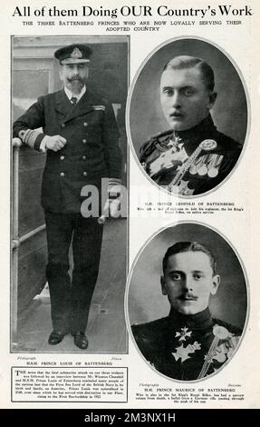 Drei Battenberger Prinzen dienten ihrem Adoptivland, Großbritannien, während des Ersten Weltkriegs. Sie sind HSH Prince Louis von Battenberg (links), First Sea Lord der britischen Marine, HH Prince Leopold (oben rechts) und HH Prince Maurice (unten rechts), beide dienen mit den 1. königlichen Gewehren. 1914 Stockfoto