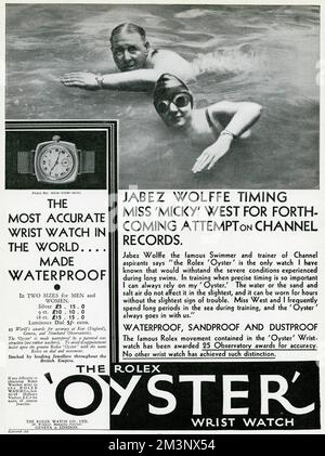 Werbung für die wasserdichte Rolex Oyster Armbanduhr 1930 Stockfoto