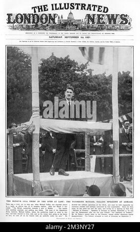 Michael Collins als Sinn Fein Finanzminister (1890-1922). Hier im Jahr 1921 auf dem Titelblatt der illustrierten London News, in Armagh. Michael Collins, der seit dem Sinn-Fein-Waffenstillstand im Juli für militante Operationen der IRA verantwortlich war, erschien offen und fungierte hier als Sinn-Fein-Finanzminister. Datum: 4.. September 1921 Stockfoto