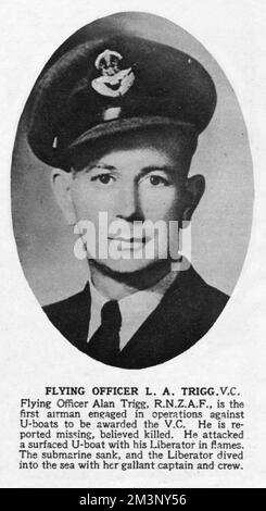 Flying Officer Lloyd Allan Trigg (1914-1943), Royal New Zealand Air Force, wie er in den illustrierten London News 1943 erschien. Trigg war der erste Flieger, der gegen U-Boote operierte und das Victoria Cross erhielt. Trigg zerstörte ein deutsches U-Boot aus nächster Nähe, bevor es ins Meer stürzte und alle an Bord tötete. Die Leistung wäre unbekannt gewesen, wenn nicht ein feindlicher Offizier gewesen wäre, der von Triggs großem Mut im Angesicht des sicheren Todes sprach. Datum: 1943 Stockfoto