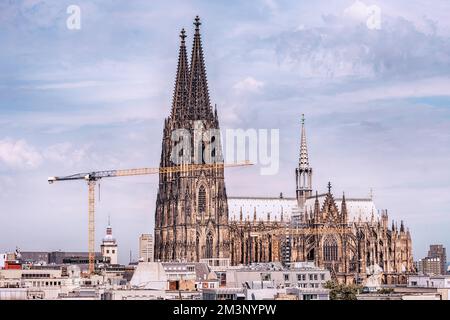 Blick aus der Ferne auf die Stadt Köln mit dem Dom als architektonischer Herrscher. Immobilien und Stadtleben in Deutschland. Stockfoto