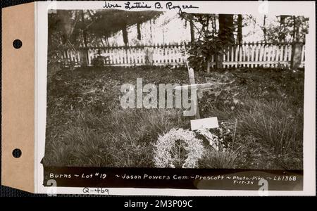 R. Burns, Jason Powers Cemetery, Lot 19, Prescott, Mass., 17. Juli 1934 : Mrs. Lottie B. Rogers, Q-469 , Wasserwerke, Reservoirs, Wasserverteilungsstrukturen, Immobilien, Friedhöfe Stockfoto