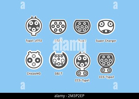 Typ der Stecker oder Buchsen für das Ladegerät für Elektrofahrzeuge, Design des Retro-Aufklebers auf hellblauem Hintergrund mit Clipping-Pfad Stockfoto