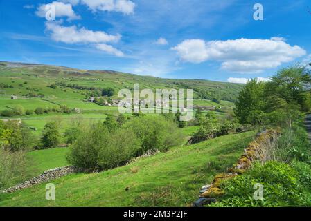 Nach Süden über Swaledale, bei Gunnerside. Scheunen und trockene Steinwände berühmte Muster. Am Fluss Swale, von B6270; Yorkshire Dales National Park Stockfoto