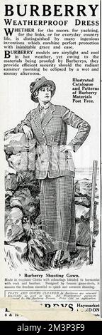 Werbung für wetterfeste Burberry-Kleidung, die eine junge Frau zeigt, die sich in einer Jacke und einem langen Rock gegen eine Landmauer lehnt und als Schießkleid beschrieben wird. Das Tuch passt sich den Farben von Stein und Heidekraut an, und die Anpassung sorgt für die Freiheit, die für schnelle und präzise Aufnahmen unerlässlich ist. Datum: August 1914 Stockfoto