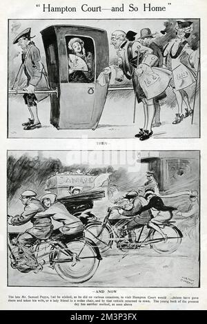 Zwei gegensätzliche Verkehrsmittel damals und heute. Oben: Eine Dame in einer Limousine, die Hampton Court bald nach Hause verlassen will. Unten: Eine etwas aufregendere Reise, auf der zwei junge Frauen auf dem Rücken der Motorräder ihrer jungen Männer und eine andere Frau auf dem Rücksitz eines offenen Autos sitzen. Datum: 1914 Stockfoto