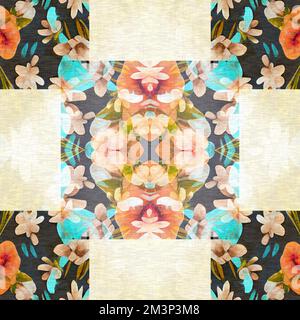 Gestepptes, nahtloses Muster im floralen Patchwork-Dessin. Verziertes Geo-Muster für exotische Naturtapeten. Cottagecore Blume Blütenblatt von Hand aus Bohemian nahtlos Stockfoto