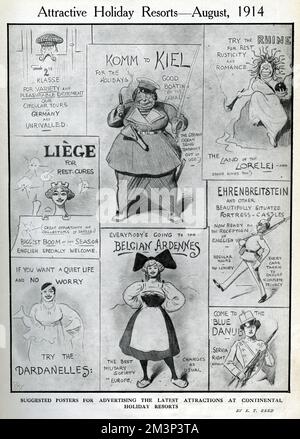 Cartoon, attraktive Ferienorte, August 1914, 1. Weltkrieg Stockfoto