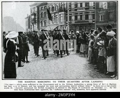 Britische Royal Marines kommen im 1. Weltkrieg in Ostende, Belgien an Stockfoto