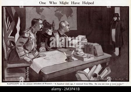 Cartoon, Einer, Der Vielleicht Geholfen Hätte. Lord Kitchener und General Pau, die Verteidiger Frankreichs zu Beginn des Ersten Weltkriegs, sitzen mit Büchern und Karten an einem Schreibtisch. Sie sehen eine Vision von Napoleon, der sagt: Vor hundert Jahren kehrte ich von Elba zurück. Wünschst du dir nicht, es wäre heute? Datum: September 1914 Stockfoto