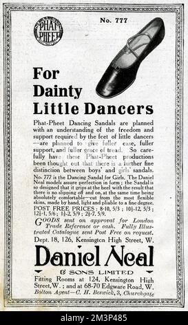 Werbung für Phat Pheet Tanzsandalen für kleine Tänzer von Daniel Neal &amp; Sons Limited, Kensington High Street und Edgware Road, London. Datum: September 1914 Stockfoto