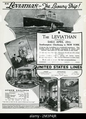 Das Luxusschiff Leviathan fährt am 22.. April von Southampton - Cherbourg nach New York. Eine Reise im Leviathan war eine wunderbare, luxuriöse Erfahrung, gutes Essen und komfortable Unterkunft, von den besten Hotels der Welt nicht übertroffen. Im Ersten Weltkrieg brachte das Leviathan-Schiff Tausende von amerikanischen Truppen über den Atlantik, befallen mit U-Booten und Minenfeldern, das Schiff blieb von jedem Angriff unversehrt. Nach dem Krieg wurde der Leviathan 1923 umgebaut und zu einem großen luxuriösen Kreuzfahrtschiff gemacht. Datum: 1924 Stockfoto