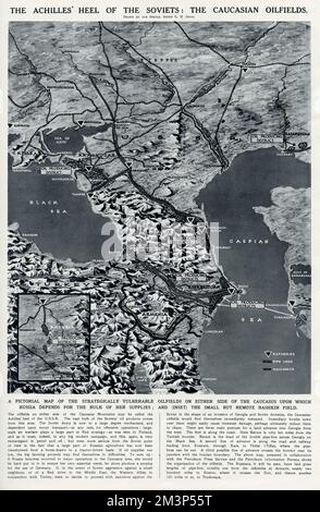 Die Achillesferse der Sowjets: Die kaukasischen Ölfelder. Eine bildliche Karte der strategisch anfälligen Ölfelder beiderseits des Kaukasus, auf die Russland für den Großteil seiner Vorräte angewiesen ist, und (eingeflossen) das kleine, aber abgelegene Bashkir-Feld. Datum: 1940 Stockfoto
