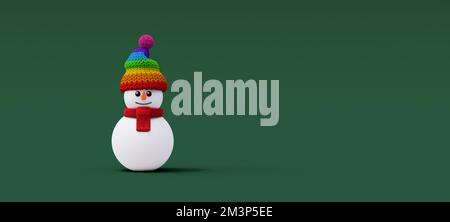 Happy Snowman mit farbenfrohem Hut auf grünem Hintergrund. Merry Christmas and Happy New year Concept with copy space 3D Render 3D Illustration Stockfoto