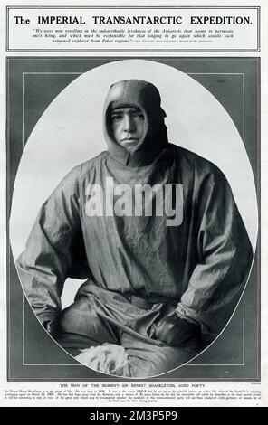 Sir Ernest Henry Shackleton (1874-1922), anglo-irischer Antarktis-Forscher. Hier im Alter von 40 Jahren in winddichten Kleidungsstücken gesehen. Er bereitete sich auf eine neue Expedition vor, die als Imperial Trans-Antarctic Expedition (auch bekannt als Endurance Expedition) bekannt war, die zwischen 1914 und 1917 stattfand. 1914 Stockfoto