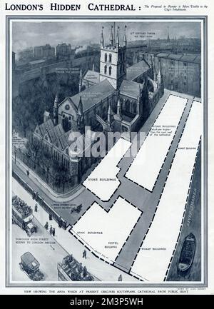 Londons versteckte Kathedrale: Ein Vorschlag, die Southwark Cathedral (in der Nähe der London Bridge) sichtbarer zu machen und die Gegend zu zeigen, die sie derzeit aus der öffentlichen Sicht verdeckt. 1912 Stockfoto