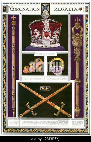 Einige der Krönungsregale, die während der Zeremonie verwendet wurden. Ganz oben ist die kaiserliche Staatskrone, die den Rubin des Schwarzen Prinzen enthält. In der Mitte befinden sich die Sandalen, die Teil der Krönungswesten sind, und der Krönungsring, auch bekannt als der Hochzeitsring von England. Auf der linken Seite ist St. Edwards Stab und auf der rechten Seite einer der acht Maces (Symbole königlicher Autorität). Unten sind zwei der fünf Schwerter, die benutzt werden - das Schwert der Gerechtigkeit an die Spiritualität und das Schwert der Gerechtigkeit an die Temporalität. Datum: 1937 Stockfoto