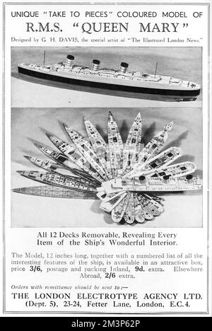 Werbung für das einzigartige „Take to Pieces“-Farbmodell des luxuriösen Passagierschiffes, RMS Queen Mary, entworfen vom illustrierten Londoner Nachrichtenkünstler G. H. Davis. Alle 12 Decks waren abnehmbar und enthielten alle Gegenstände im Inneren des Schiffes. Datum: 1937 Stockfoto