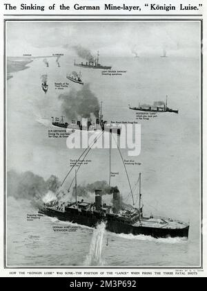 Der Untergang der deutschen Minenschicht, Konigin Luise, vor Harwich in den frühen Stadien des Ersten Weltkriegs. Zeigt die Position der Lanze beim Abfeuern der drei tödlichen Schüsse. August 1914 Stockfoto