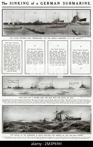 Der Untergang eines deutschen U-Boots, das die Action in vier Stufen zwischen HMS Birmingham und dem deutschen U-Boot U15 zeigt. Auch gezeigt: Wie lange ein Kreuzer mit einer Lieferung Kohle weiterfahren kann (Mitte), und (unten) die Gefahr des U-Boots bei rauem Wetter -- das Fehlen der verräterischen Streifen. 9. August 1914 Stockfoto