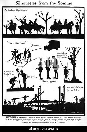 Verschiedene Szenen über die Somme, die von dem berühmten Silhouettenkünstler, Captain H. L. Oakley, geschnitten wurden und die Arbeit zeigen, die bei der Verfolgung der sich zurückziehenden Deutschen zu leisten ist. Eine Gruppe von Pionieren repariert die Straßen, ein Kavallerie-Geschwader (das Australian Light Horse) kehrt aus dem engen Kontakt mit dem Feind zurück, und die königlichen Ingenieure machen Straßen und Flüsse passabel. Der Fortschritt wird von den beigefügten Verbindungsbeamten berichtet, und die Kommunikation erfolgt durch die Royal Engineers Signallers. Datum: 1918 Stockfoto