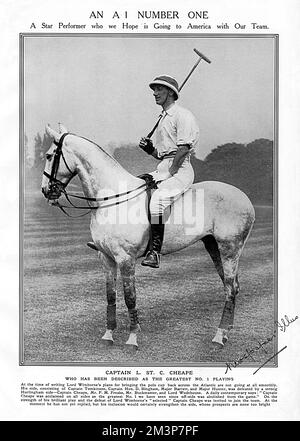 Captain Leslie St. Clair Cheape (1882-1916), britischer Soldat und Polospieler, der als „Englands größter Polospieler“ bezeichnet wird. Er spielte 1911, 1913 und 1914 dreimal für England beim Westchester Cup. Er wurde am 23. April 1916 als Befehlshaber eines Geschwaders der Worcestershire Yeomanry in Ägypten getötet. 1914 im Tatler abgebildet und als „ein Star-Performer, der hoffentlich mit unserem Team nach Amerika geht“ beschrieben. Cheape war dabei, England beim internationalen Polo-Pokal (Westchester Cup) zu helfen, seinen historischen Sieg über seine amerikanischen Rivalen zu gewinnen, obwohl er von Bro behindert wurde Stockfoto