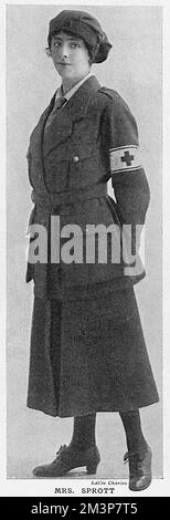 Mrs. Sprott, Tochter von Sir George und Lady Berry von Drumsheugh Gardens, Edinburgh, in ihrer Uniform als Fahrer von Rotkreuz-Krankenwagen in Frankreich dargestellt. Ihr Mann war in den Cameron Highlanders und ihr Vater, Major im Royal Army Medical Corps, war Ehrenärztin für Chirurgie von König George V. Datum: 1917 Stockfoto