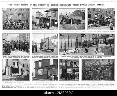 Eine Doppelseite der illustrierten London News, die über Aufstände in Belfast berichtet, die in der Nacht des 23.. August begannen und eine Woche lang andauerten. Das Feature trägt den Titel „die schlimmsten Aufstände in der Geschichte der Belfast-Unruhen, die 500.000 Schäden verursachen“. Panzerwagen und Lewis-Waffen wurden verwendet, um die Fraktionen zu besiegen, mit Stacheldraht-Barrikaden in den Straßen. Kneipen und Geschäfte wurden angezündet, und von Gewerkschaftern wurden Bildstücke an Lammpfählen aufgehängt. Datum: August 1920 Stockfoto