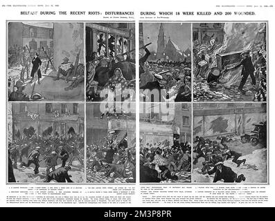 Eine Doppelseite der illustrierten London News, die über Aufstände in Belfast vom 20.. Bis 23.. Juli 1920 berichtet. Bei den Unruhen wurden 18 Menschen getötet und 200 verwundet. Läden wurden durchwühlt und Spirituosengeschäfte geplündert, während Truppen versuchten, die Ordnung wiederherzustellen. Datum: Juli 1920 Stockfoto