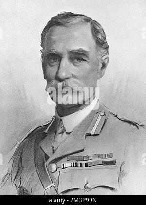 Generalmajor Sir John Steevens, KCB, KCMG (1855-1925), Direktor der britischen Armee für Ausrüstung und Waffenlager während des Ersten Weltkriegs. Der Kriegsdienst datiert auf den Zulu-Krieg von 1879 und die ägyptische Kampagne von 1882. Nach nur dreizehn Jahren Dienst erreichte er den Rang eines Oberstleutnants und elf Jahre später wurde er Leitender Ordnanzoffizier bei Woolwich, eine Ernennung, die er während des Boer-Krieges (1899-1902) innehatte. Von 1893 bis 1898 wurde er zum Generalinspekteur der Ordnanzdienste und anschließend zum Direktor der Artillerie im Kriegsbüro ernannt. Datum: 1917 Stockfoto