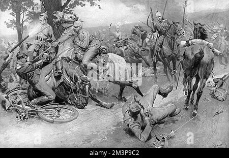 Eine Begegnung zwischen französischer und deutscher Kavallerie in den engen Grenzen einer Landstraße. August 1914 Stockfoto