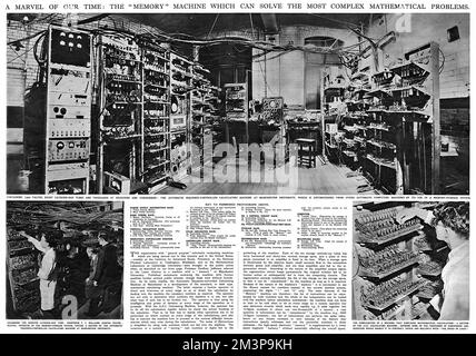 Eine Doppelseite aus den illustrierten London News, 1949, berichtet über die automatische sequenzgesteuerte Rechenmaschine an der Manchester University. Die Maschine enthält 1.300 Ventile, 8 Kathodenstrahlröhren und Tausende von Widerständen und Kondensatoren sowie ein einzigartiges Speichersystem. 1949 Stockfoto