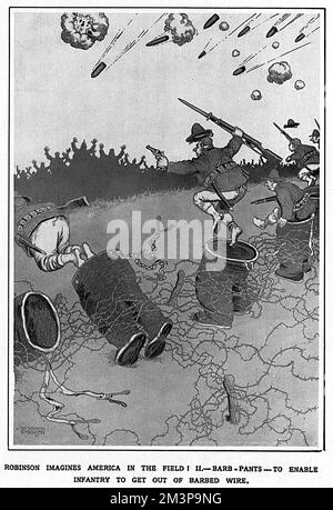 Erfindungen Aus Dem Krieg – Jetzt Nicht Mehr Nötig! William Heath Robinson stellt sich Amerika vor! 2. Barb-Hosen, damit die Infanterie aus Stacheldraht herauskommen kann. Datum: 1918 Stockfoto