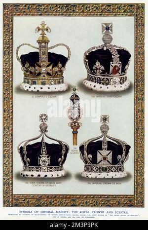 Symbole der Kaiserlichen Majestät: Die Krone St. Edward mit 444 Edelsteinen ist nach wie vor eines der ranghohen Kronjuwelen des Vereinigten Königreichs und die offizielle Krönungskrone. Imperial State Crown, symbolisiert die Souveränität des Monarchen, es gibt seit dem 15.. Jahrhundert mehrere Versionen, ähnlich der der St. Edwards Krone, aber kürzer und mit Juwelen, Edelsteinen, Diamanten, Perlen, Saphiren, Smaragde und Rubine. Staatskrone von Königin Mary, Gemahl von König George V. von England. Die kaiserliche Krone Indiens war die Krone dreier britischer Herrscher als Kaiser Indiens während der Zeit Stockfoto