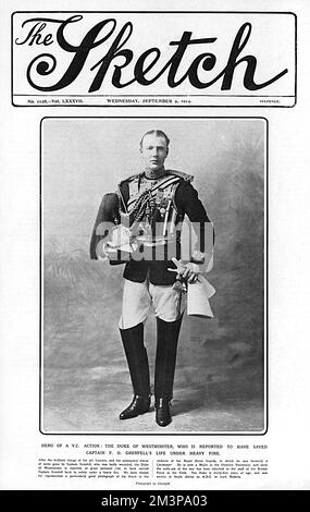 Titelseite des Sketch Magazins mit Major Hugh Arthur Grosvenor, 2. Duke of Westminster (1879 - 1953), bekannt als Bendor (oder Bend'Or, nach dem siegreichen Rennpferd seines Vaters). Er hatte damals bei der Rettung von Captain Francis Grenfell geholfen, während dessen VC-Aktion auf Anhieb der 9. Lancers in Elouge. Datum: 1914 Stockfoto