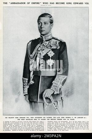 Seine Majestät König Edward VIII (1894-1972), Nachfolger seines Vaters, des verstorbenen Königs George V., am 20. Januar 1936, der erste Junggesellen-König, der 176 Jahre lang den britischen Thron bestieg. Er trägt Uniform als Cononel von der Walisischen Garde. Nach nur einem Jahr entschied sich Edward, den Thron abzugeben (Januar 1936 Dezember 1936), um Wallis Simpson, einen zweifach geschiedenen Amerikaner, zu heiraten, wurde er als Herzog von Windsor bekannt. Datum: 1936 Stockfoto