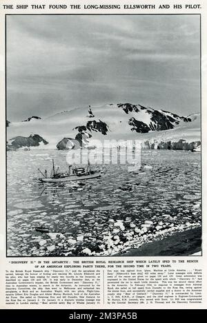 American Lincoln Ellsworth und sein britischer Kollege und Pilot Herbert Hollick-Kenyon starteten am 23. November 1935 von Dundee Island in einem Flugzeug „Polar Star“ und flogen 2000 Meilen über die Antarktis zur Bucht der Wale auf der Ross-See. Der Antarktisflug wurde aufgrund von Kraftstoffmangel vorzeitig gestoppt und musste vom britischen Königlichen Forschungsschiff „Discovery II“ gerettet werden. Bis zum 17. Januar 1936 wurde nichts gehört, sie wurden 420 Meilen entfernt in Little America gerettet, wo sie seit sieben Wochen vermisst waren. Datum: Januar 1936 Stockfoto