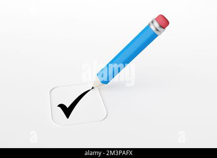 Bleistift zeichnet ein Häkchen oder ein Häkchen in ein Kontrollkästchen auf weißem Hintergrund. Checkliste, Auswahl, Auswahl, Prüfung, Umfrage oder Fragebogen Konzept. 3D Rendern. Stockfoto