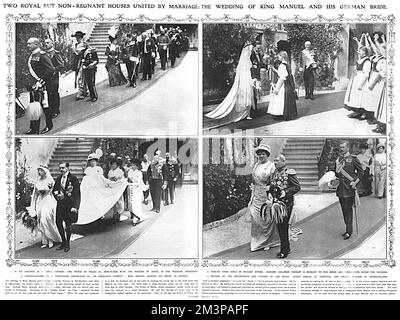 Szenen aus der Hochzeit von Ex-König Manuel von Portugal und Prinzessin Augusta (Augustine) Victoria von Hohenzollern, die am 4. September 1913 in Sigmaringen stattfand. Oben links zeigt der Prinz von Wales in Marineuniform Arm in Arm mit der Herzogin von Aosta, unten links König Manuel führt seine Braut zur Kirche, oben rechts Klosterkinder in Bauernkleidung präsentieren Braut und Bräutigam nach der Zeremonie einen Blumenstrauß und unten rechts, Königin Amelie von Portugal und König William von Hohenzollern, Mutter des Bräutigams und Vater der Braut. Datum: 1913 Stockfoto