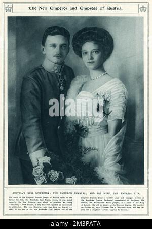 Kaiser Karl I. von Österreich oder Karl IV. Von Ungarn (1887 - 1922) mit Prinzessin Zita von Bourbon-Parma (1892 - 1989). Kaiser Karl I., der letzte Herrscher des österreichisch-ungarischen Reiches und der letzte Kaiser Österreichs und Ungarns. Von 1916 bis 1918 regierte er als Karl I. als Kaiser von Österreich und Karl IV. Als König von Ungarn, als er die Teilnahme an staatlichen Angelegenheiten "verwarf", aber nicht abgab. Er verbrachte die verbleibenden Jahre seines Lebens damit, die Monarchie bis zu seinem Tod im Jahr 1922 wiederherzustellen. Stockfoto