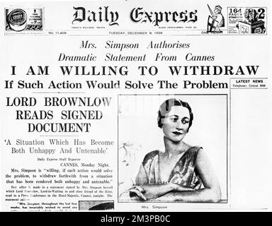 Daily Express Titelseite, 8. Dezember 1936. Über eine Erklärung von Wallis Simpson aus Cannes, Frankreich. Anfang Dezember 1936 kam es im britischen Empire zu einer Verfassungskrise, als Edward VIII vorschlug, Wallis Simpson zu heiraten, eine amerikanische Sozialistin, die von ihrem ersten Ehemann geschieden war und die Scheidung ihres zweiten Mannes anstrebte. Die Regierung des Vereinigten Königreichs und die Dominionen des britischen Commonwealth haben sich gegen die Ehe ausgesprochen. Stockfoto