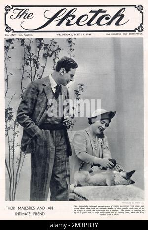 Titelseite von „The Sketch“ mit König George VI (1895 - 1952), seiner Frau und Gemahlin, Königin Elizabeth (1900 - 2002), und einem ihrer Hunde Corgis. Stockfoto