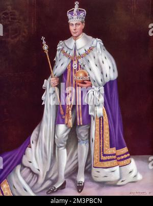 Seine Majestät König George VI. (1895-1952) trug Kronenbademäntel und hielt 1937 die Kronenregalie. Von Louis Dezart. Die Krönung von George VI. Fand am 12. Mai 1937 in der Westminster Abbey statt, dem Datum, das zuvor für die Krönung seines Bruders Edward VIII vorgesehen war. Stockfoto